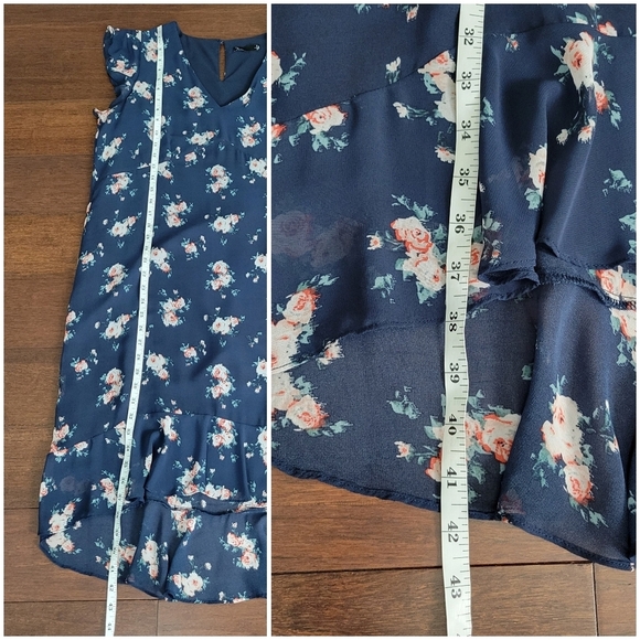 Noir Blue Floral Flutter Sleeve High Low V-Neck Shift Dress Women's Size L - Picture 6 of 6